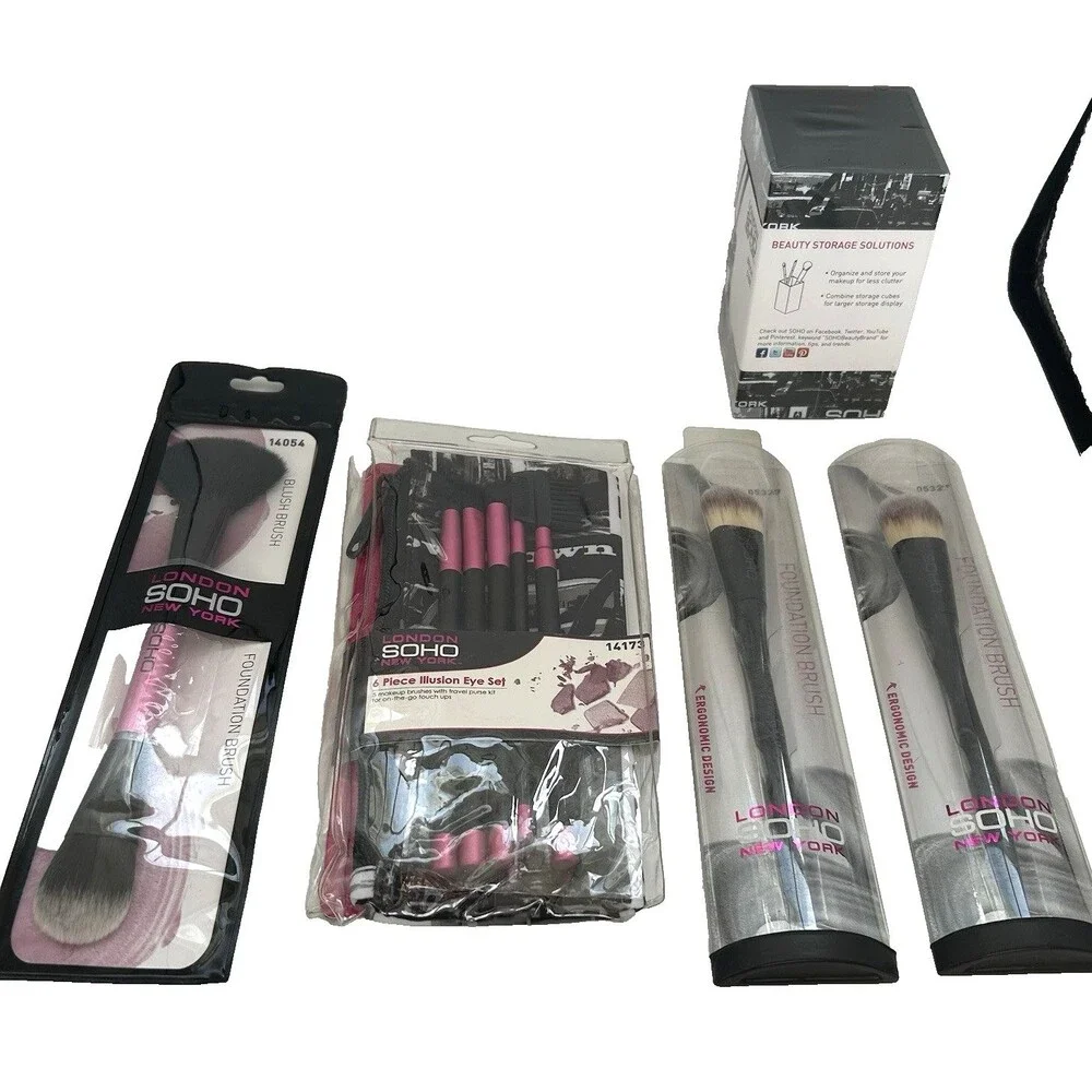 London SOHO New York Makeup Brush Lot + Brush Cube Holder NEW Sealed